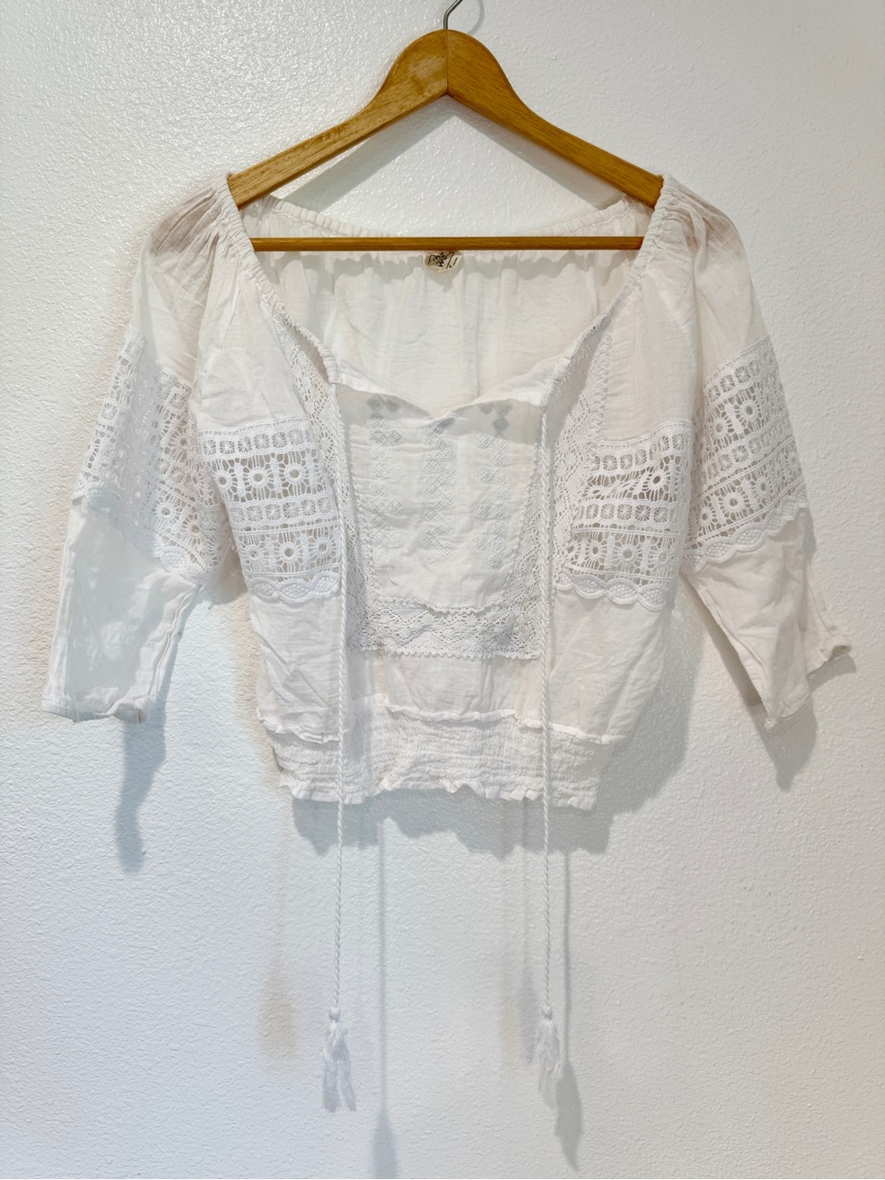 White Crochet Lace Top Smocked Waist Scoop Neck Cottagecore Coquette Boho M